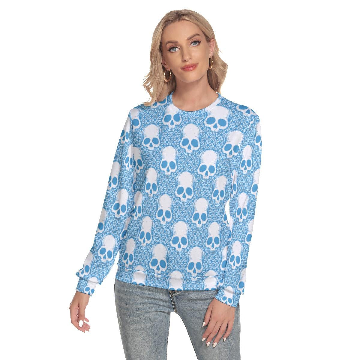 Blue Skull Pattern Slim Round Neck Sweatshirt - Wonder Skull