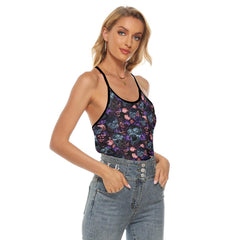 Negative Skull Floral Ornament Criss-Cross Open Back Tank Top, Coolest T-Shirt For Women - Wonder Skull