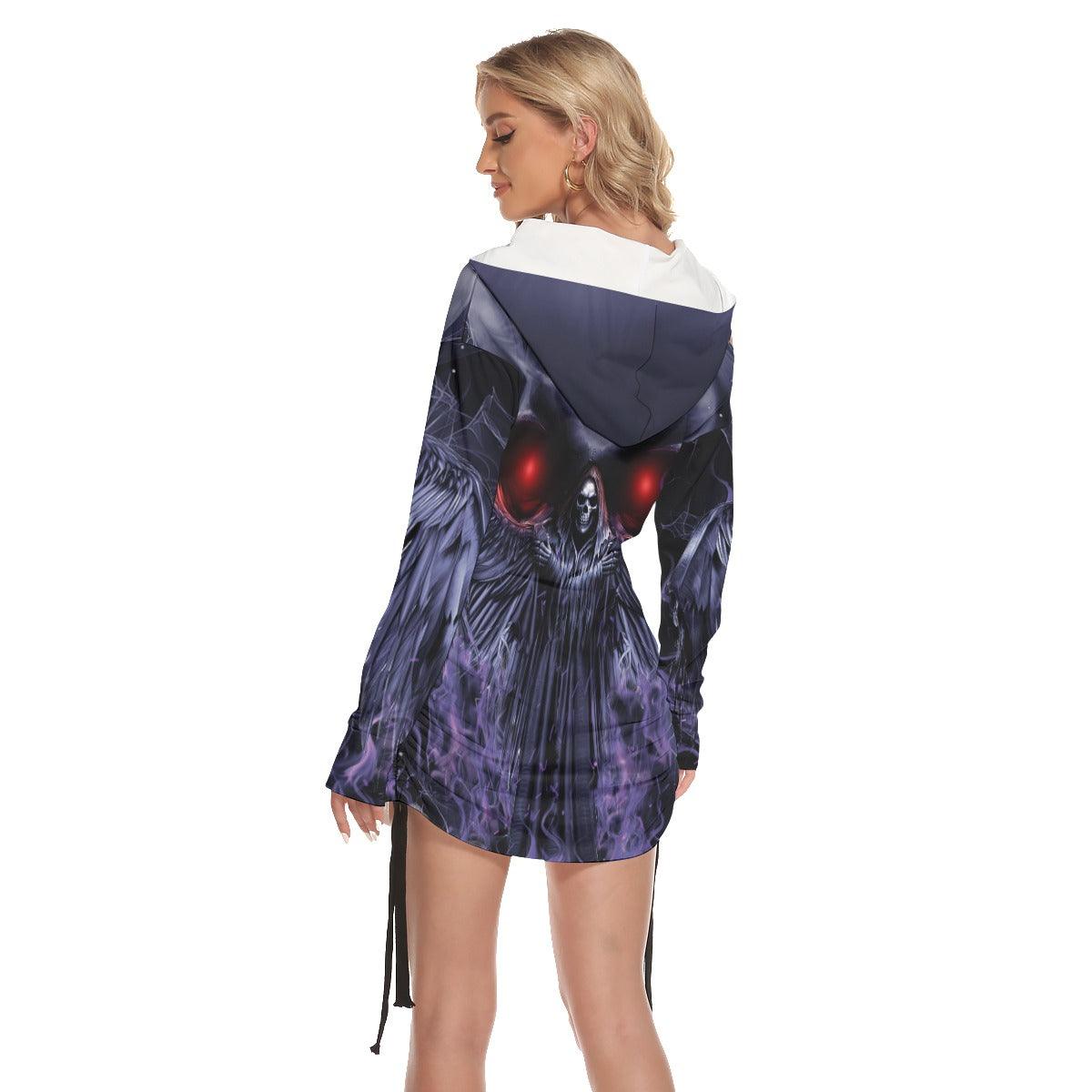 Dark Skull Death Print Open Shoulder Dress - Wonder Skull