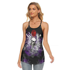 Bloody Moon Skull Rose Criss-Cross Open Back Tank Top, Trending T-Shirt For Women - Wonder Skull