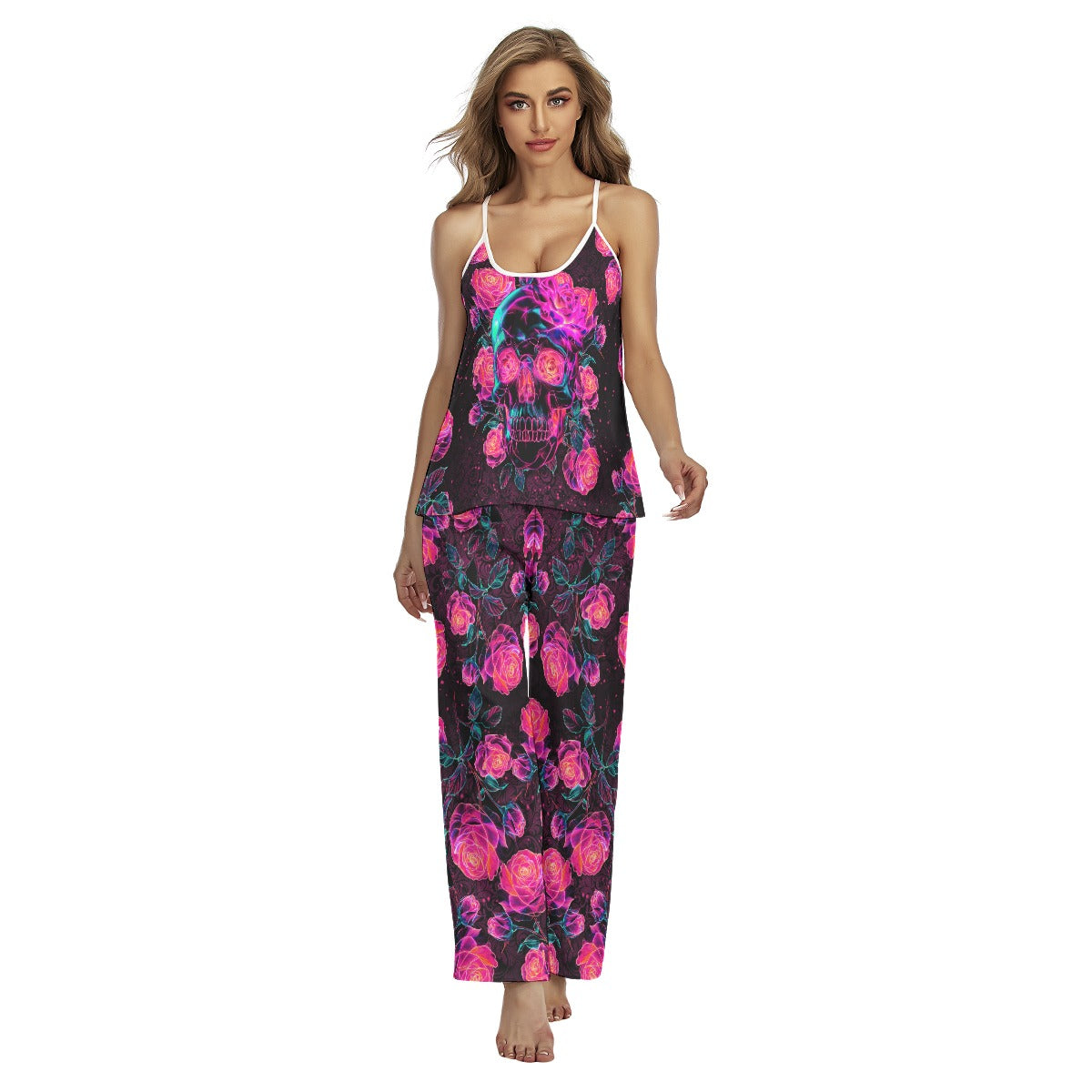 Pink Skull Rose Cami Pajamas Sets For Women Sleepwears Combo - Wonder Skull