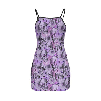 Purple White Skull Daisy Printed Body Dress, Naughty Sleeveless Minidress For Women-Wonder Skull