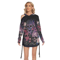 Flower Pattern Colorful Skull Print Open Shoulder Dress - Wonder Skull