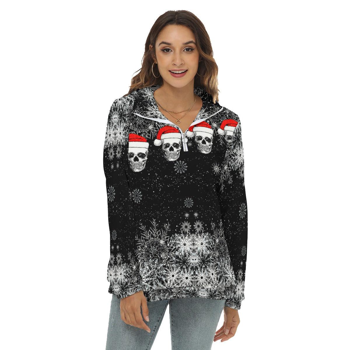 Black Christmas Skull Borg Fleece Sweatshirt With Half Zip - Wonder Skull