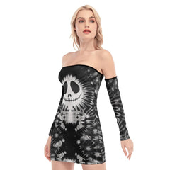 Nightmare Tiedye Gray Off-shoulder Back Lace-up Dress - Wonder Skull