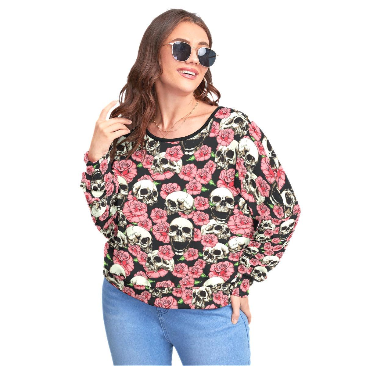 Pink Skull Rose Backless Sweatshirt With Bat Sleeve - Wonder Skull