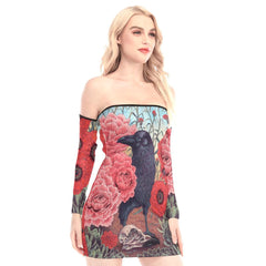 Colorful Flowers Raven Off-shoulder Back Lace-up Dress - Wonder Skull