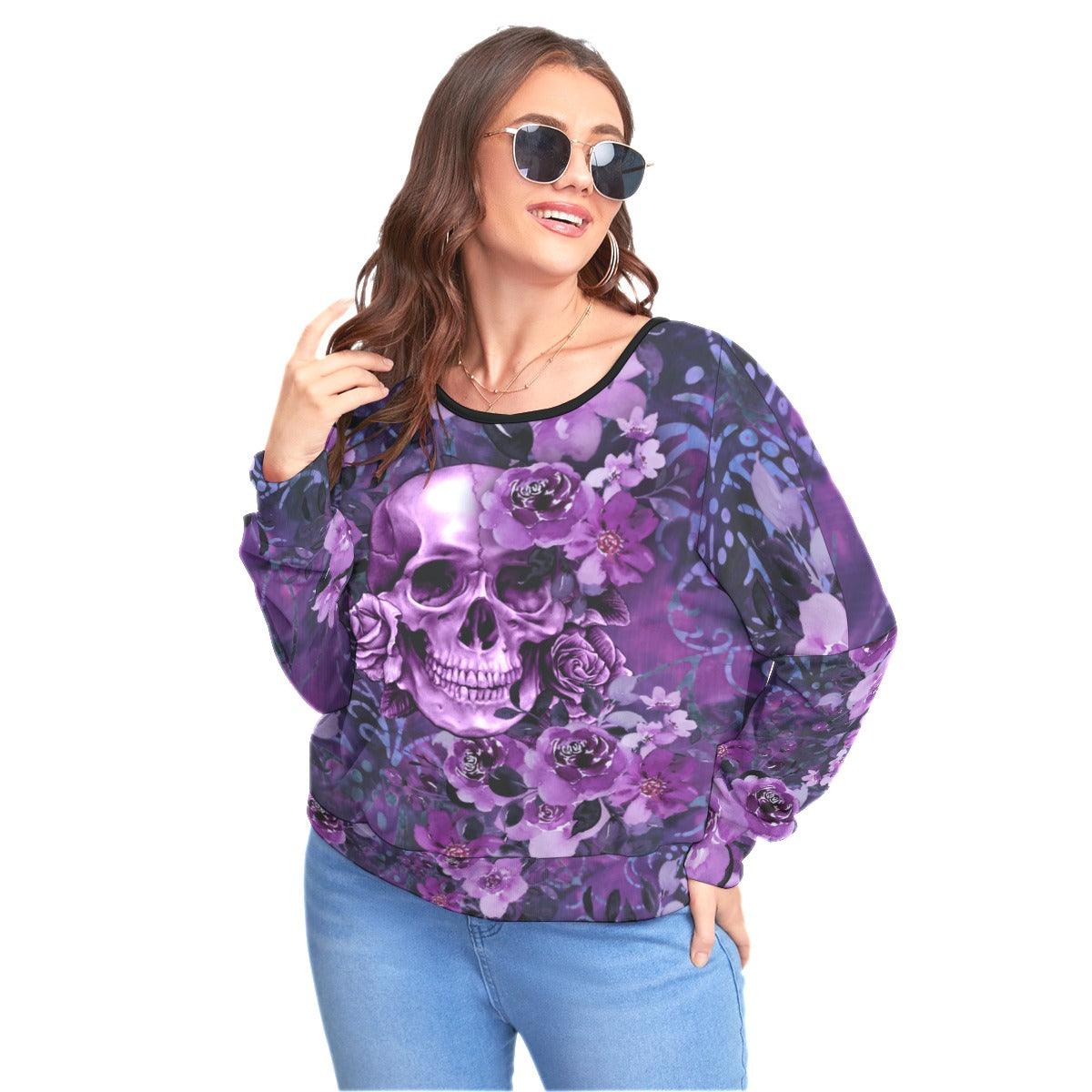 Purple Skull Flowers Backless Sweatshirt With Bat Sleeve - Wonder Skull