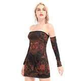 Brown Skull Lotus Off-shoulder Back Lace-up Dress - Wonder Skull