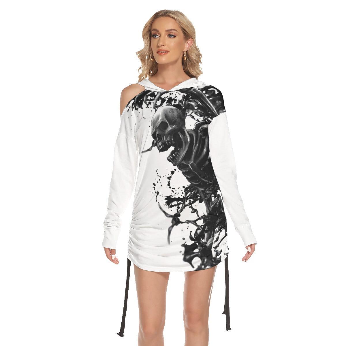 Skull Warrior All Over Print Women One Shoulder Dress With Waist Shirring, Hot Long Hoodie For Women - Wonder Skull