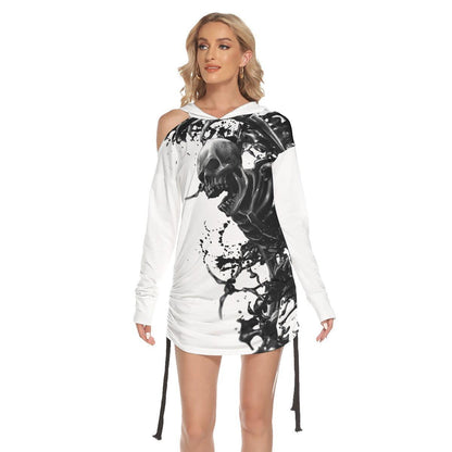 Skull Warrior All Over Print Women One Shoulder Dress With Waist Shirring, Hot Long Hoodie For Women - Wonder Skull