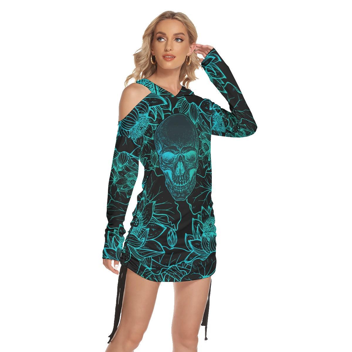 Lotus Pattern Skull Print Open Shoulder Dress - Wonder Skull