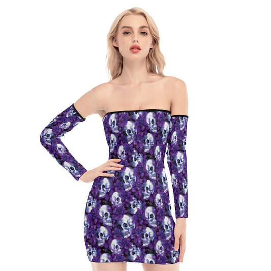 Purple Flower Skull Off-shoulder Back Lace-up Dress - Wonder Skull