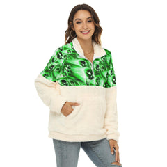 Green Skull Fire Borg Fleece Sweatshirt With Half Zip - Wonder Skull