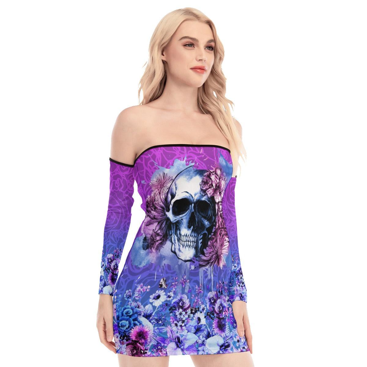 Skull Gothic Flower Off-shoulder Back Lace-up Dress - Wonder Skull
