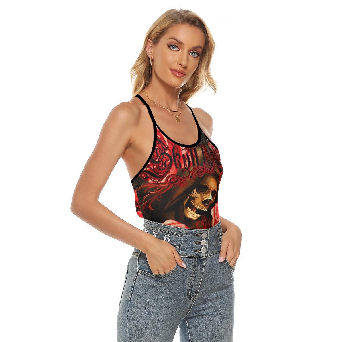 Skull Love Grim Reaper Criss-Cross Open Back Tank Top, Coolest T-Shirt For Women - Wonder Skull