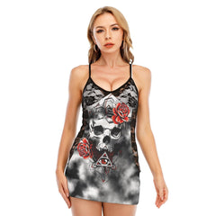 Skull Rose Gothic Tie-dye Print Women Black Lace Cami Dress - Wonder Skull