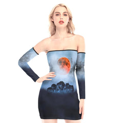 Scary Wolves Off-shoulder Back Lace-up Dress - Wonder Skull