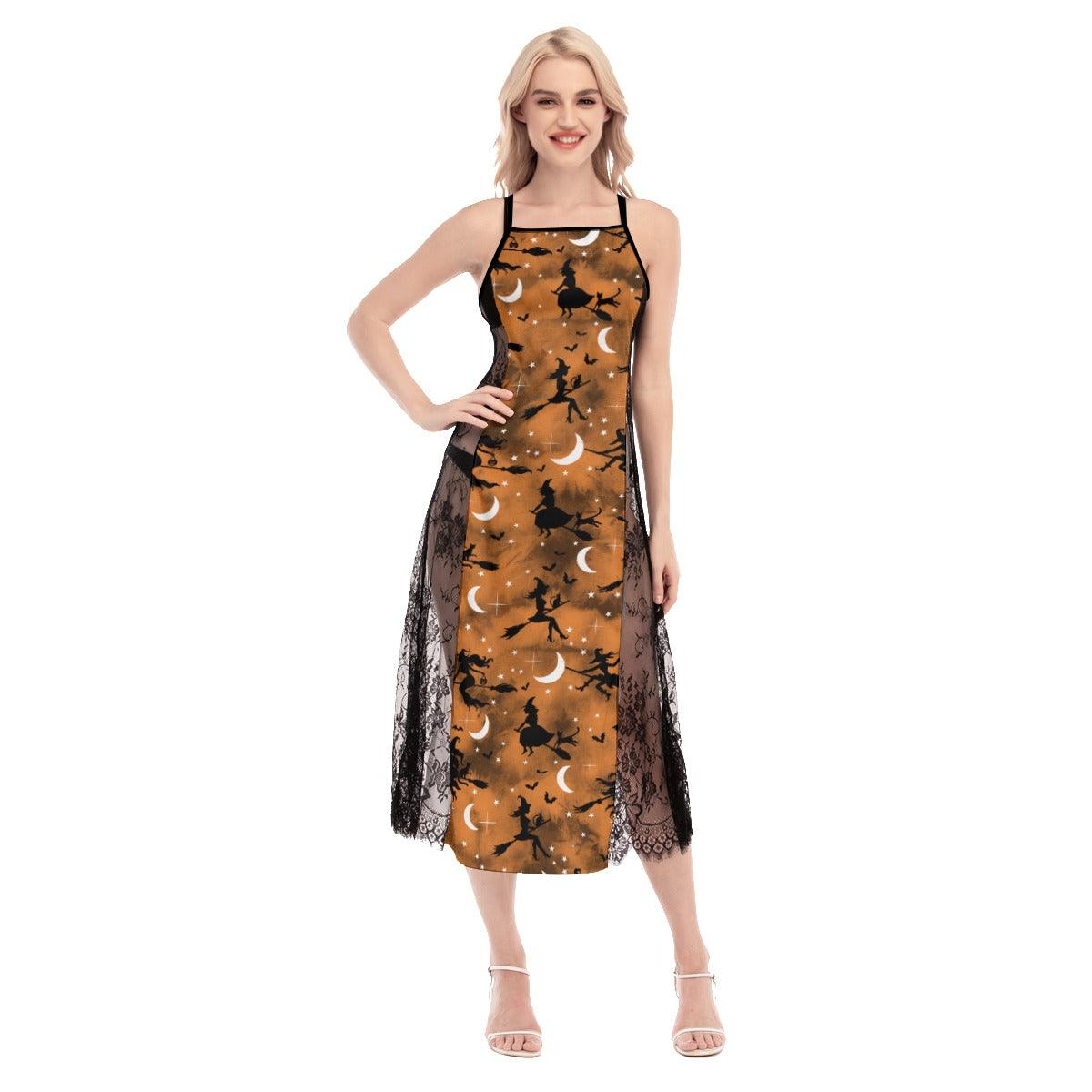 Halloween Witchy Moon All-Over Print Women Lace Cami Cross Back Dress, Gorgeous Nightgown - Wonder Skull