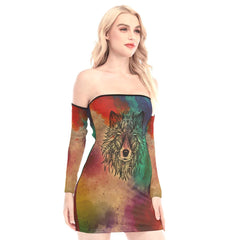 Wolf Painting Art Off-shoulder Back Lace-up Dress - Wonder Skull