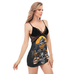 Scary Pumpkin And Skull Lace Chemise Nightgown - Wonder Skull