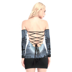 Trick Or Treat Pumpkin Off-shoulder Back Lace-up Dress - Wonder Skull