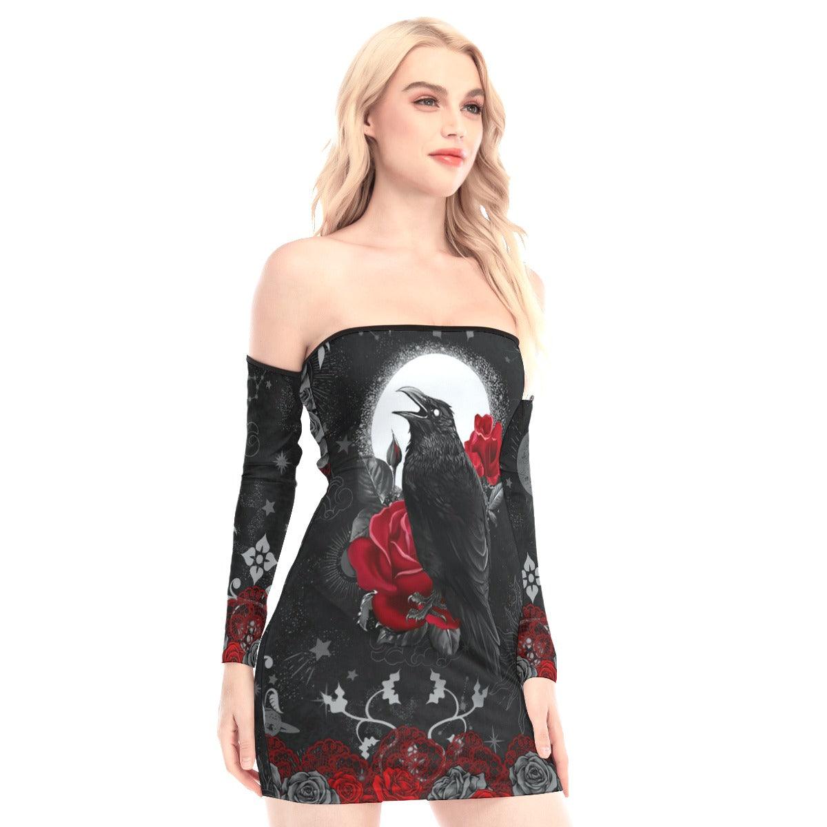 Raven Rose Ornament Off-shoulder Back Lace-up Dress - Wonder Skull