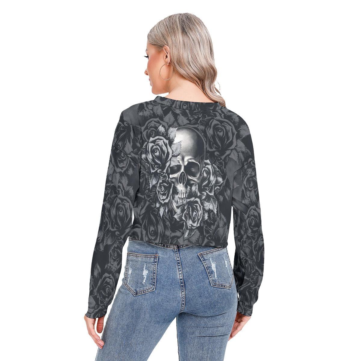 Skull Flower Long Sleeve Sweatshirt With Hem Drawstring - Wonder Skull