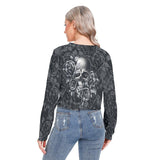 Skull Flower Long Sleeve Sweatshirt With Hem Drawstring - Wonder Skull