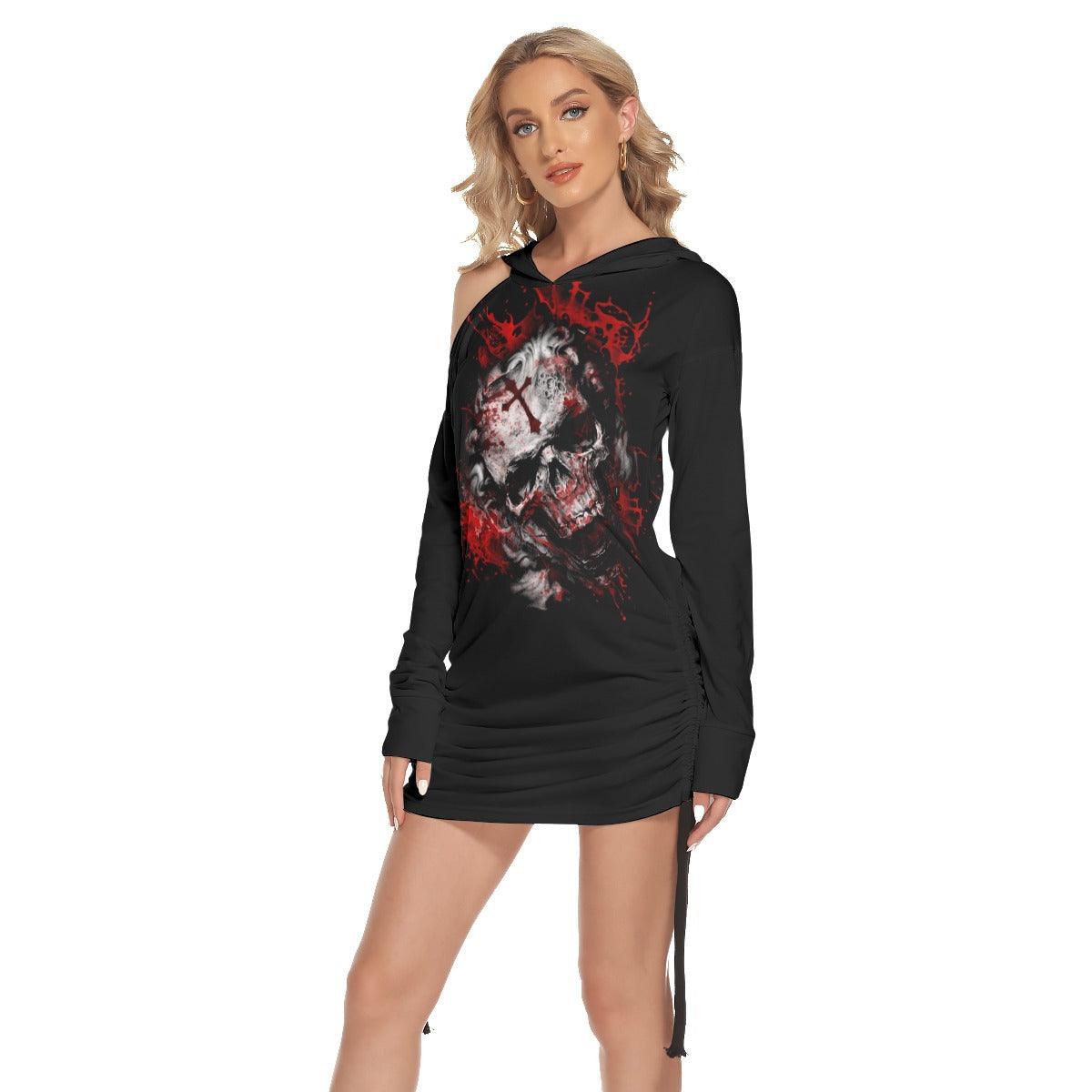 Red Skull Cross All Over Print Women One Shoulder Dress With Waist Shirring, Halloween Long Hoodie For Women - Wonder Skull