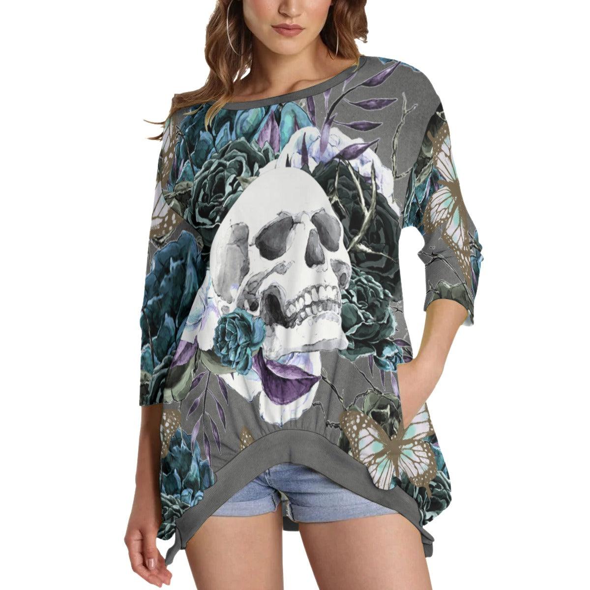 Skull Flower Sweatshirt With Irregular Pleated Hem - Wonder Skull