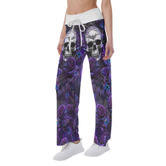 Dark Violet Skull Roses Women's High-waisted Wide Leg Pants | Wonder Skull