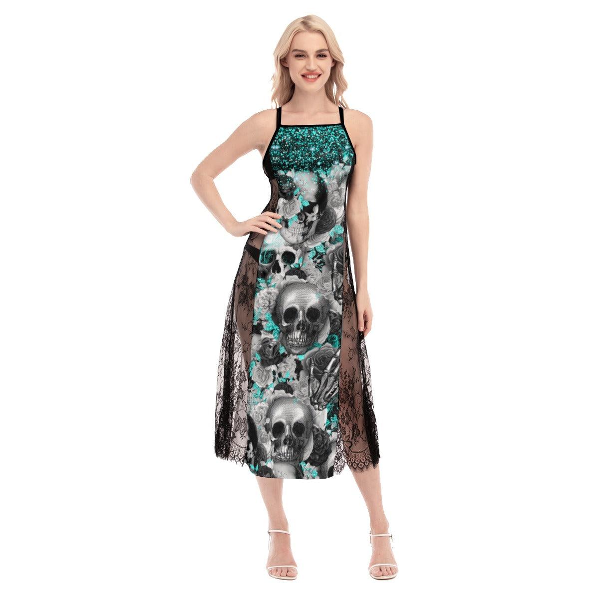 Blue Gothic Skull Pattern Lace Cami Cross Back Women Dress - Wonder Skull