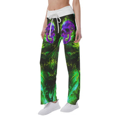 Green Purple Fire Skull High-waisted Wide Leg Pants - Wonder Skull