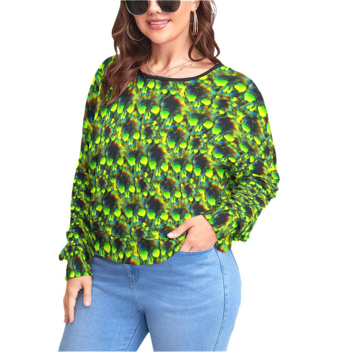 Illusion Green Skulls Backless Sweatshirt With Bat Sleeve - Wonder Skull