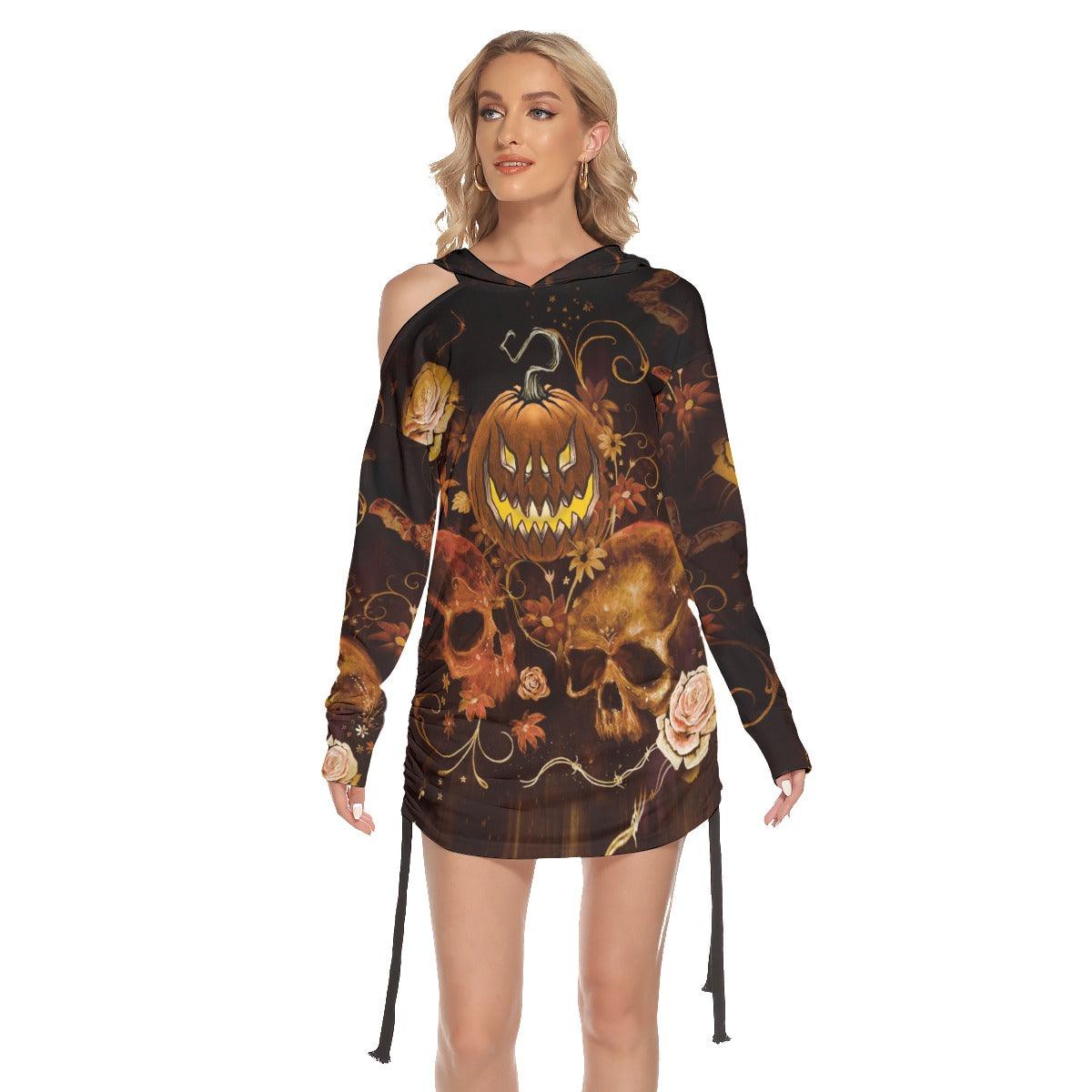 Halloween Skull Pumpkin Night All Over Print Women One Shoulder Dress With Waist Shirring, Long Hoodie For Women - Wonder Skull