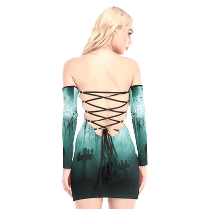 Happy Halloween Wolf Off-shoulder Back Lace-up Dress - Wonder Skull