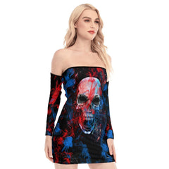 Skull Sugar Red Blue Smoke Off-shoulder Back Lace-up Dress - Wonder Skull