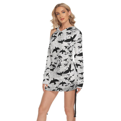 Gray Raven All Over Print Women One Shoulder Dress With Waist Shirring, Long Hoodie For Women - Wonder Skull