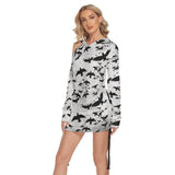 Gray Raven All Over Print Women One Shoulder Dress With Waist Shirring, Long Hoodie For Women - Wonder Skull
