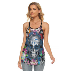 Sugar Skull Rose 3D Criss-Cross Open Back Tank Top, Coolest T-Shirt For Women - Wonder Skull