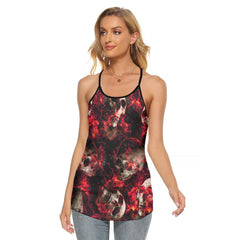 Red Electric Skull Artwork Hand Criss-Cross Open Back Tank Top, Trending T-Shirt For Women - Wonder Skull