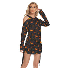 Halloween Pumpkin Smile All Over Print Women One Shoulder Dress With Waist Shirring, Long Hoodie For Women - Wonder Skull