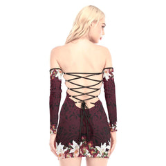 Wine Berry Flower Skull Off-shoulder Back Lace-up Dress - Wonder Skull