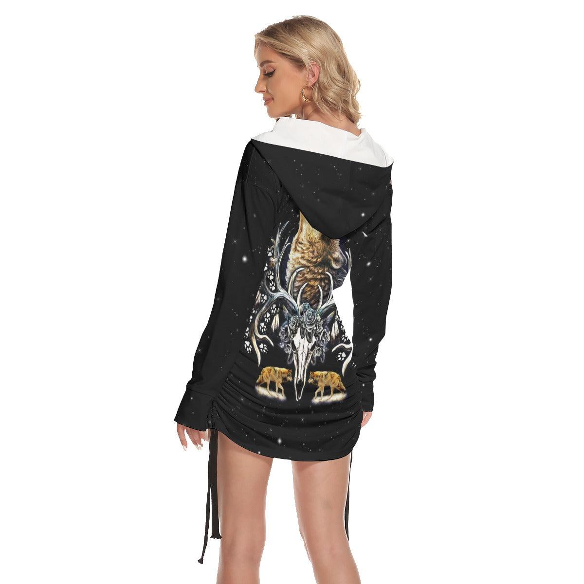 Wolf Skull All Over Print Women One Shoulder Dress With Waist Shirring, Long Hoodie For Women - Wonder Skull