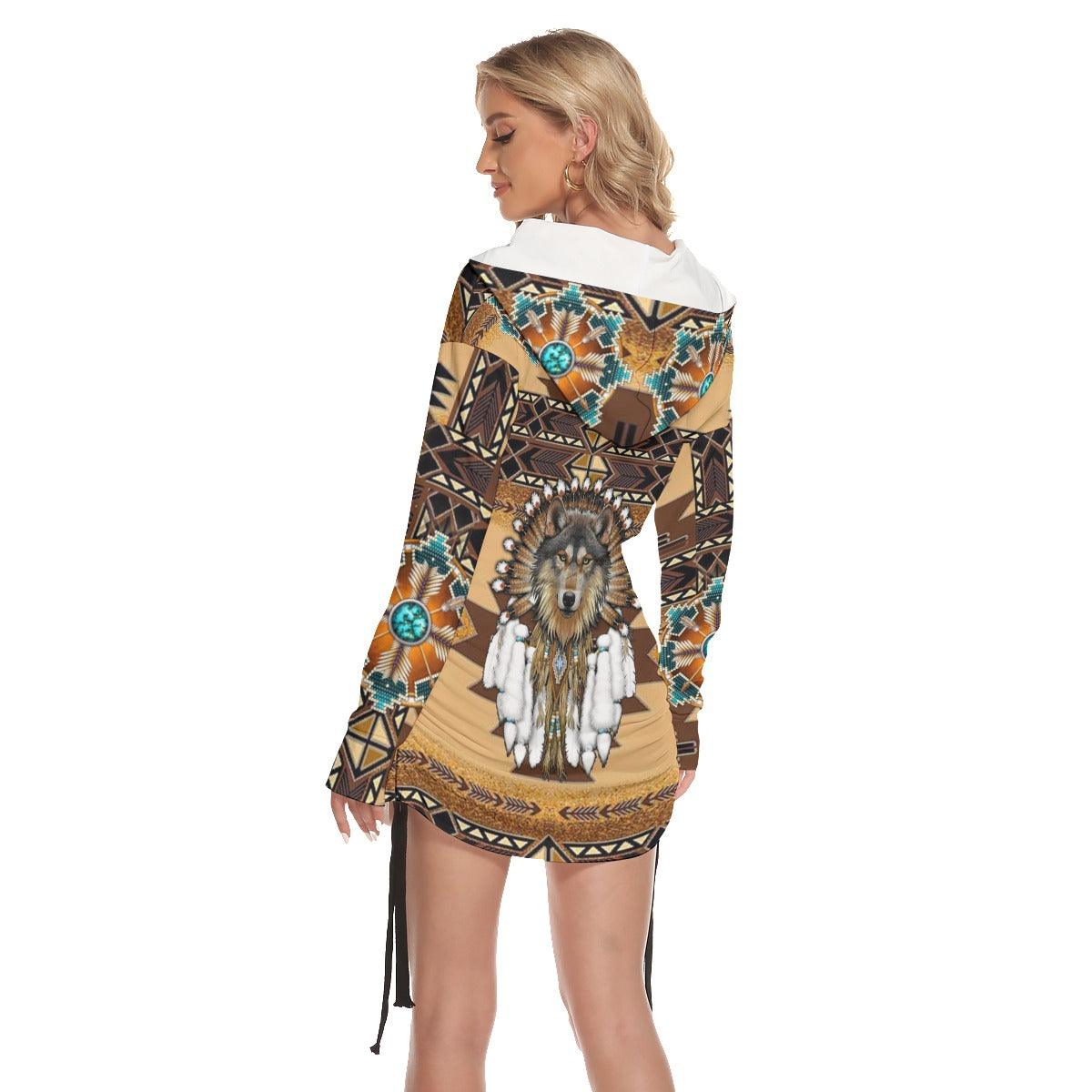 Tribe Wolf All Over Print Women One Shoulder Dress With Waist Shirring, Long Hoodie For Women - Wonder Skull