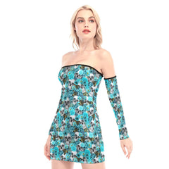 Chaotic Cyan Rose Skull Off-shoulder Back Lace-up Dress - Wonder Skull