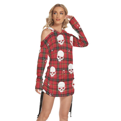 Christmas Red White Water Skull Print Open Shoulder Dress  - Wonder Skull