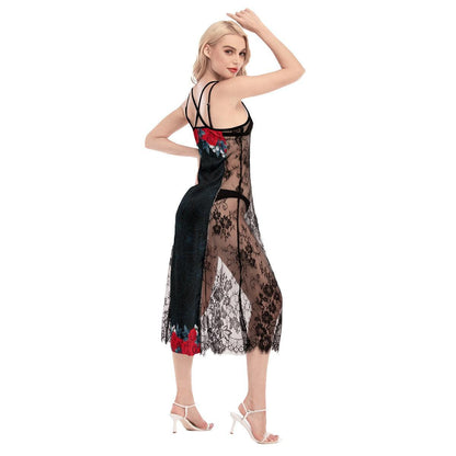 Hot Rose Skull Pattern Lace Cami Cross Back Women Dress - Wonder Skull