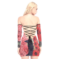 Colorful Flowers Raven Off-shoulder Back Lace-up Dress - Wonder Skull